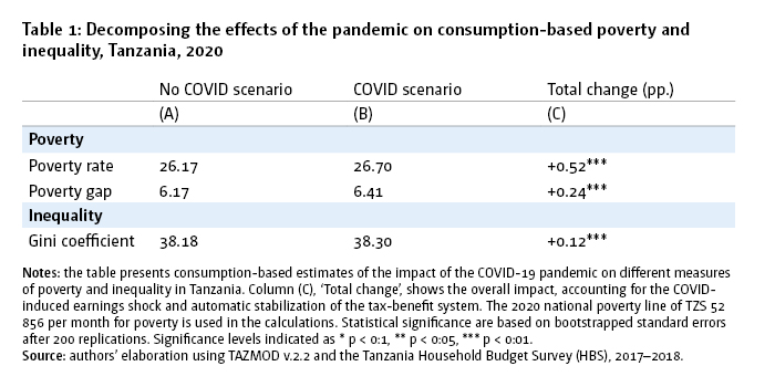 Table 1: Decomposing the effects of the pandemic on consumption-based poverty and inequality, Tanzania, 2020