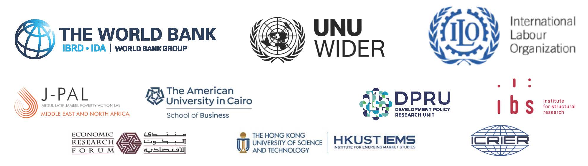 Logos of conference organizers, The World Bank, UNU-WIDER, ILO, J-PAL, The American Univeristy in Cairo, DPRU, ibs, Economic research forum, HKUST IEMS and ICRIER