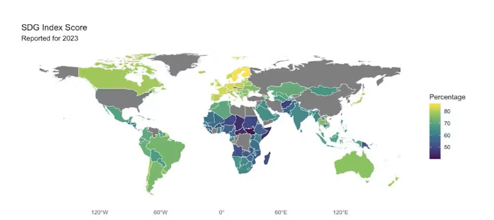 The Sustainable Development Goal (SDG) Score Index measures progress towards achieving all 17 SDGs. The score can be interpreted as a percentage of SDG achievement. A score of 100 indicates that all SDGs have been achieved. Authors’ compilation using data accessed from https://dashboards.sdgindex.org/explorer, Author provided (no reuse)